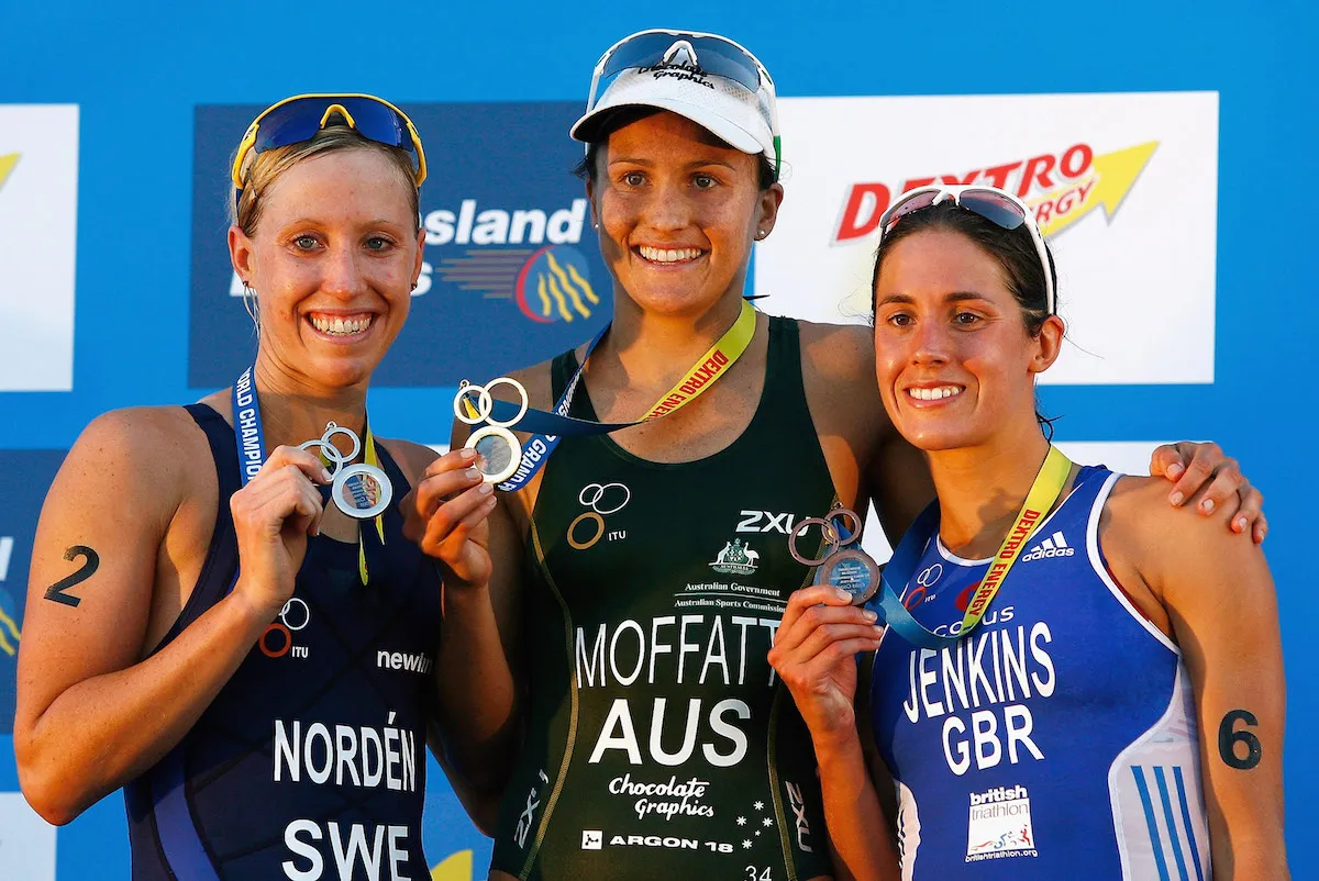 L-R: Lisa Norden, Emma Moffatt and Helen Jenkins celebrate on the podium at the 2009 Gold Coast ITU Triathlon World Championships