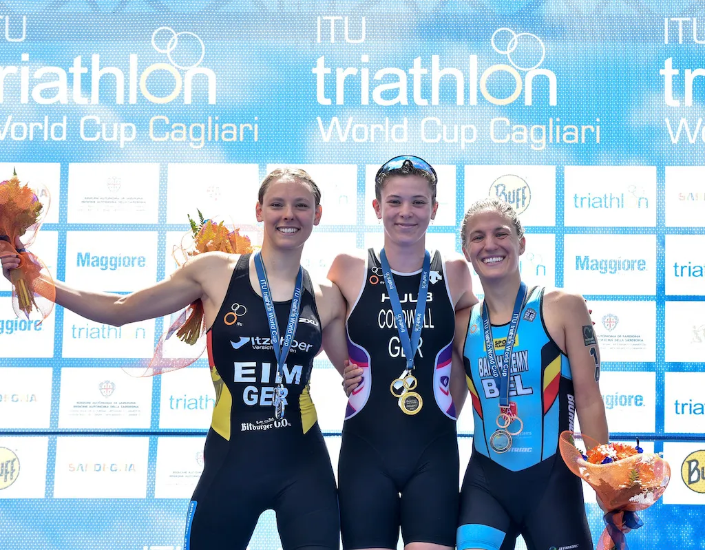 L-R: Nina Eim (silver), Sophie Coldwell (gold) and Valerie Barthelemy (bronze) on the podium of the 2019 World Cup Cagliari