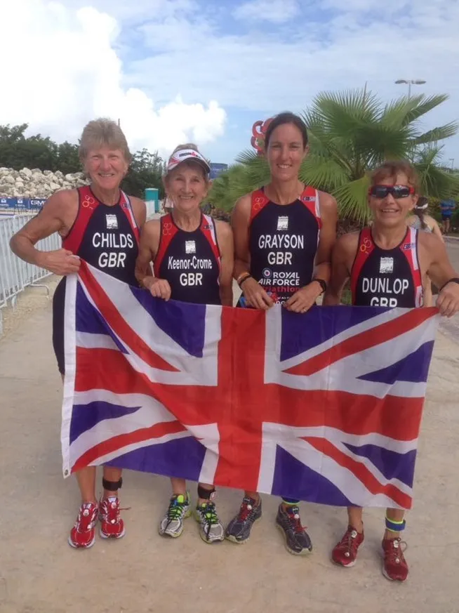 L-R: Bev Childs, Peggy Crome, Penny Grayson and Liz Dunlop representing Team GB at the 2016 World Aquathlon Champs in Cozumel, Mexico