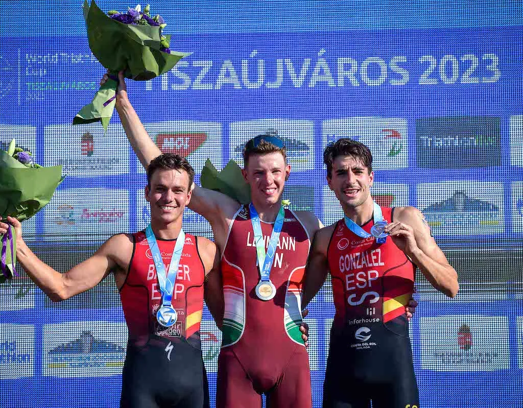 Csongor Lehmann on the top step of the men's podium at the 2023 World Triathlon Cup Tiszaujvaros