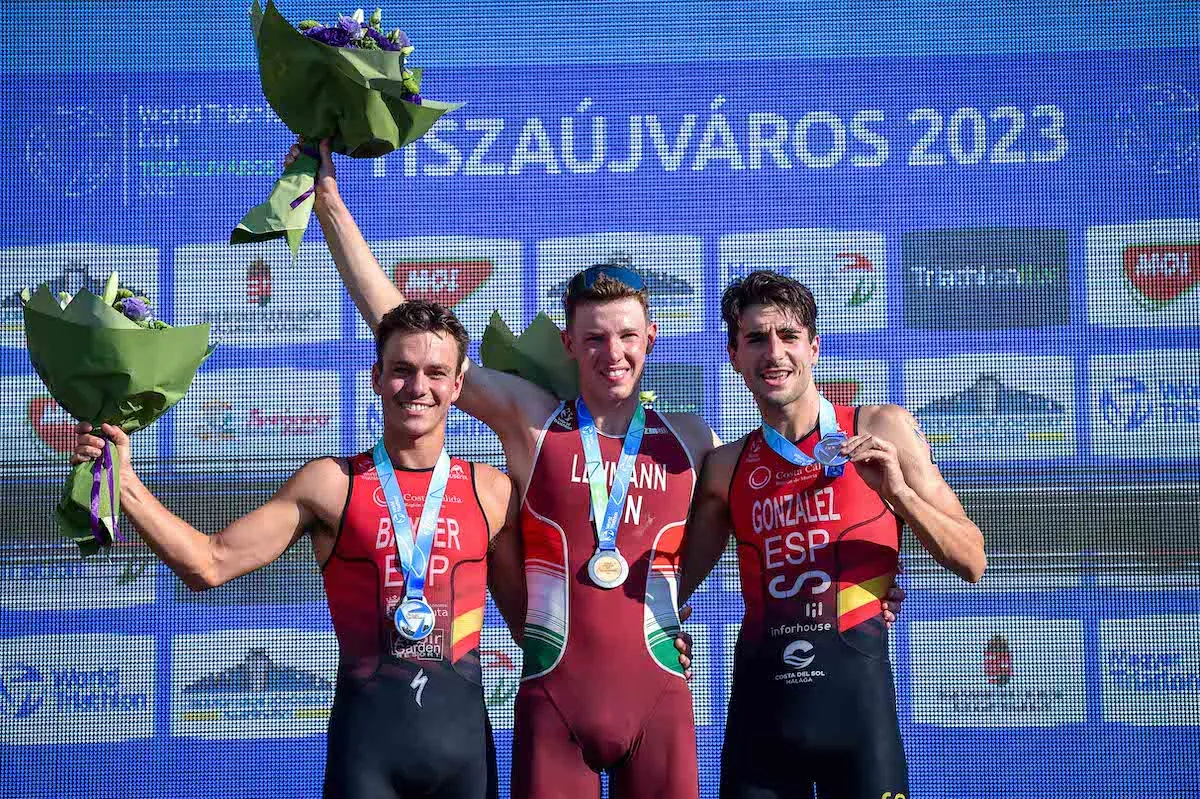 Csongor Lehmann on the top step of the men's podium at the 2023 World Triathlon Cup Tiszaujvaros