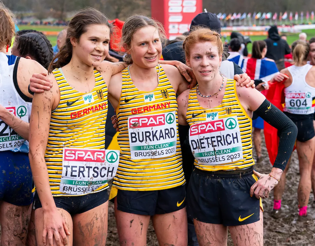 L-R: Germany's Lisa Tertsch, Elena Burkard and Eva Dieterich pose after competing in the 2023 European Cross Country Championships in Brussels, Belgium. 