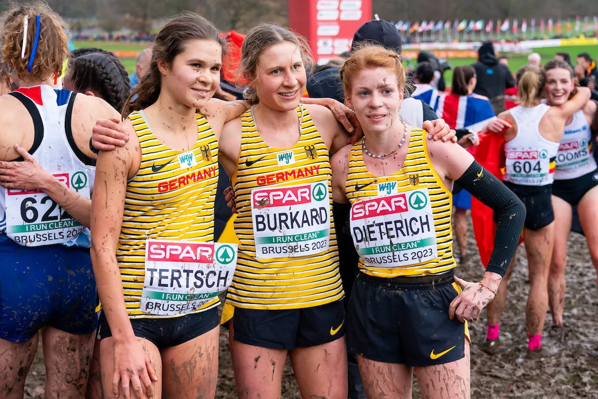 L-R: Germany's Lisa Tertsch, Elena Burkard and Eva Dieterich pose after competing in the 2023 European Cross Country Championships in Brussels, Belgium. 