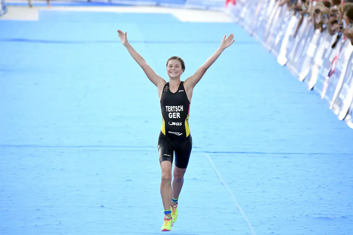 Lisa Tertsch celebrates taking silver at the 2016 World Junior Triathlon Champs in Cozumel, Mexico