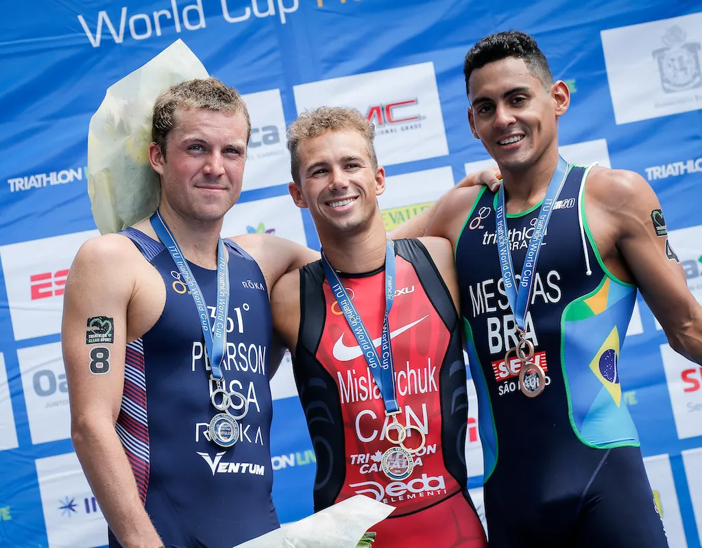 L-R: Morgan Pearson (silver), Tyler Mislawchuk (gold) and Manoel Messias (bronze) on the podium of the 2019 Huatulco World Cup, Mexico