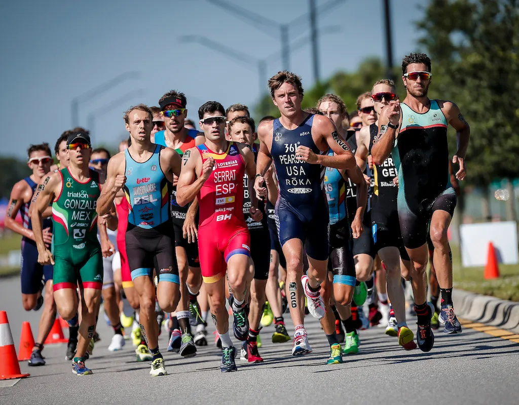 US triathlete Morgan Pearson leads the pack at the 2018 Sarasota World Cup in Florida, USA