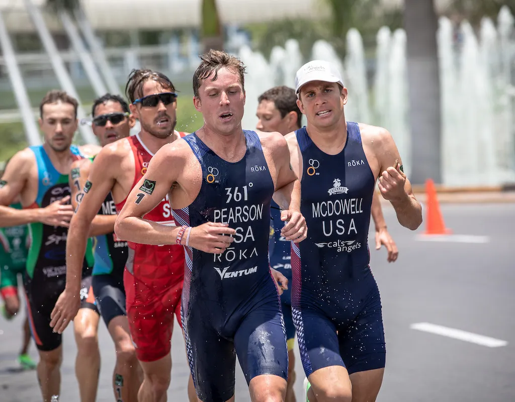 US triathlete Morgan Pearson en route to fifth place at the Lima World Cup, 2019