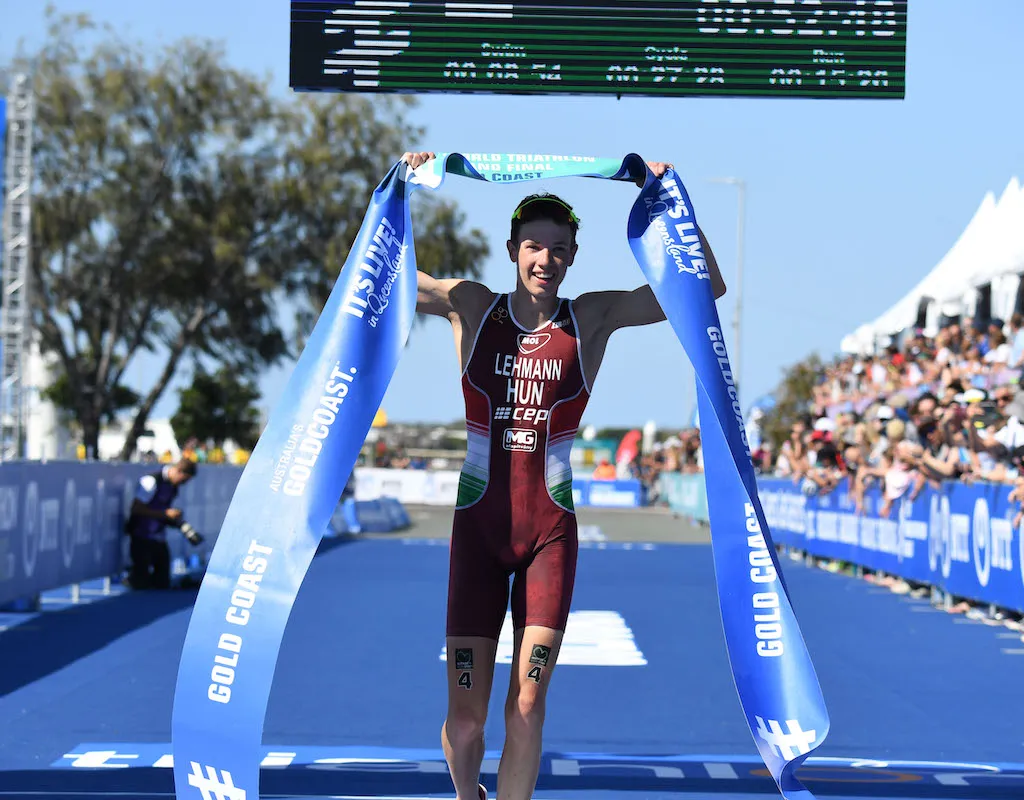 Hungarian triathlete Csongor Lehmann wins the world junior title at the 2018 Gold Coast Grand Final