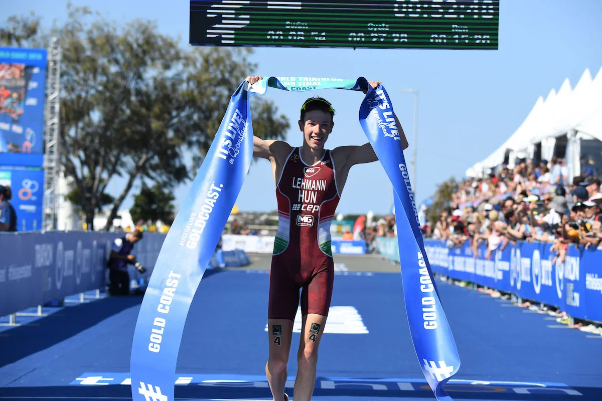 Hungarian triathlete Csongor Lehmann wins the world junior title at the 2018 Gold Coast Grand Final