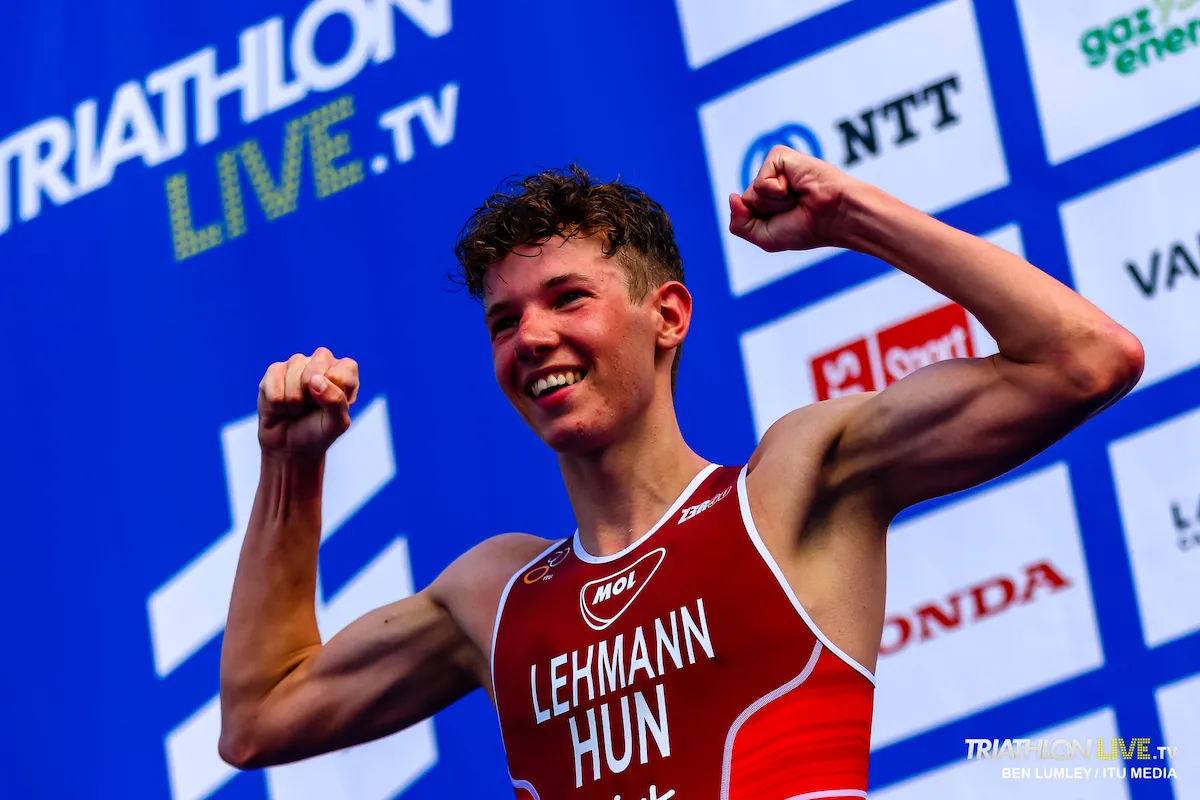 Hungarian triathlete Csongor Lehmann on the podium to collect silver at the 2019 World U23 Champs in Lausanne, Switzerland 