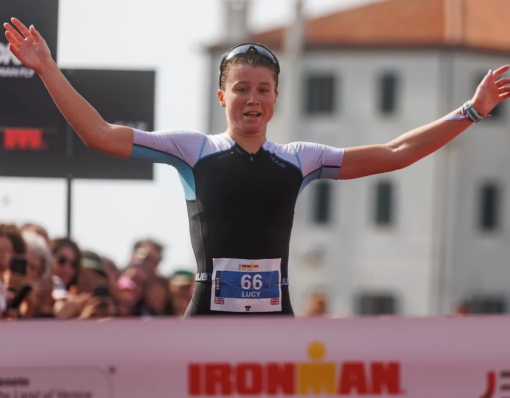 Lucy Byram crosses the finish line to win the 2022 Ironman 70.3 Venice-Jesolo, Italy