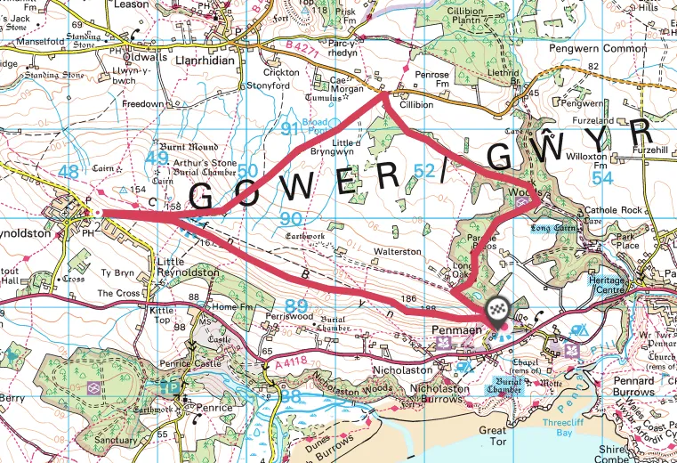 Cefn Bryn walking route and map
