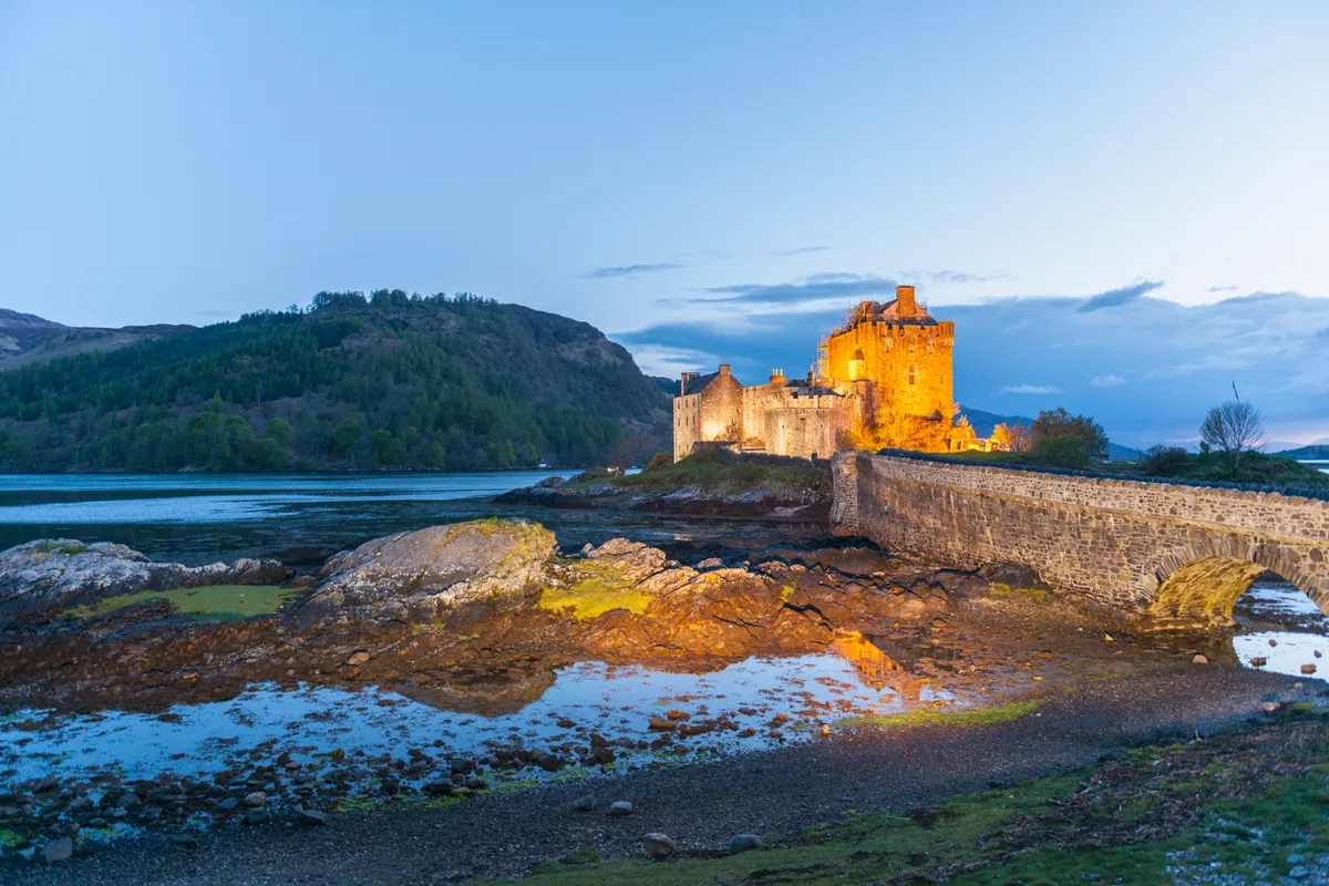 Eilean Donan Castle on Loch Duich at dusk