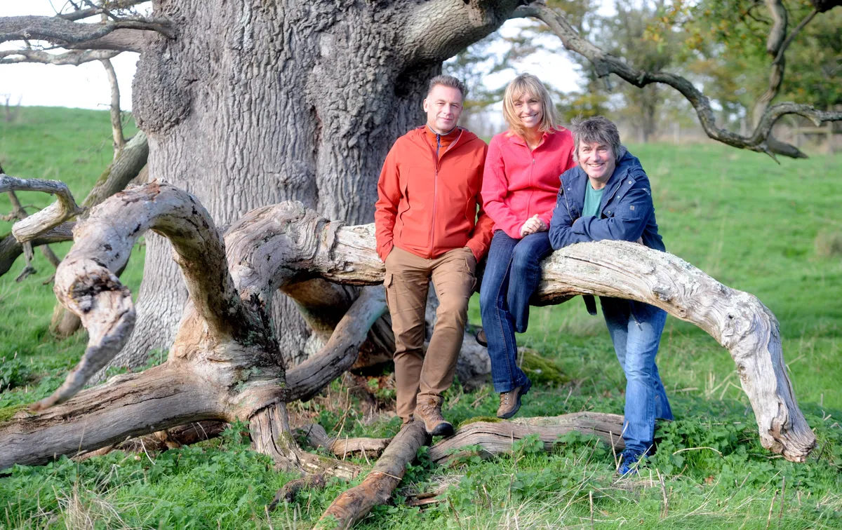 Autumnwatch presenters Chris Packham, Michaela Strachan and Martin Hughes-Games, seen at the National Trust Sherborne Park Estate on October 22, 2017 in Gloucestershire, England (Getty)