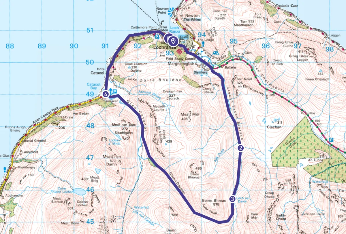Lochranza and Beinn Bhreac walking route and map