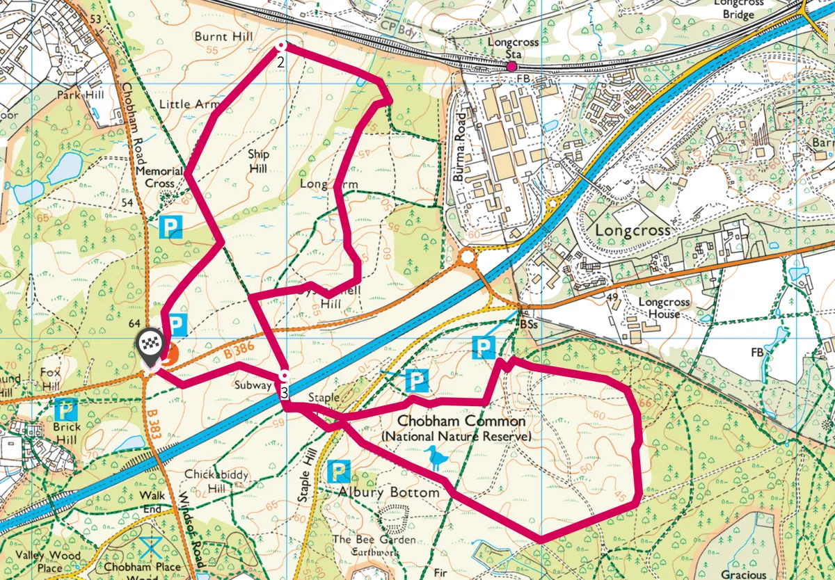 Chobham Common walking route and map