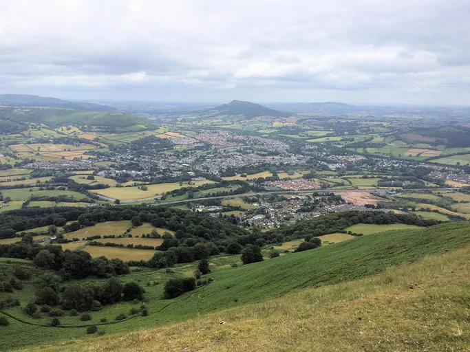 View of Abergavenny from the summit of Blorenge, with Skirrid in the background