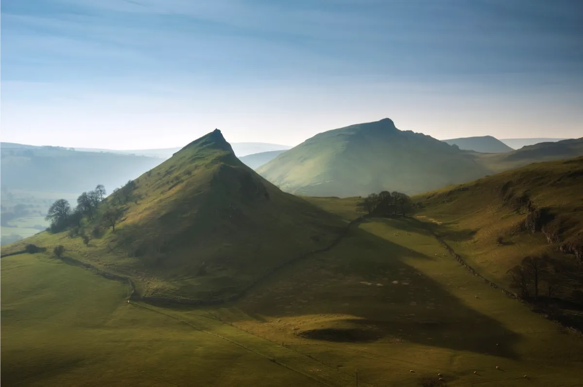 Parkhouse Hill and Chrome Hill in Peak District at sunset.