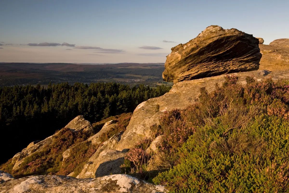 The rocks of Dove Crag in the Simonside Hills - with a few to conifer forest in the valley below