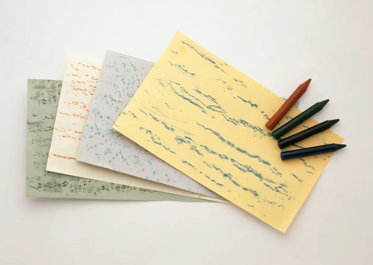 Four pieces of paper with tree rubbings on, and a set of crayons