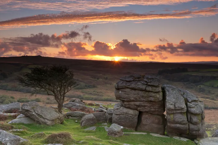 Saddle Tor Dartmoor at sunset in the autumn.
