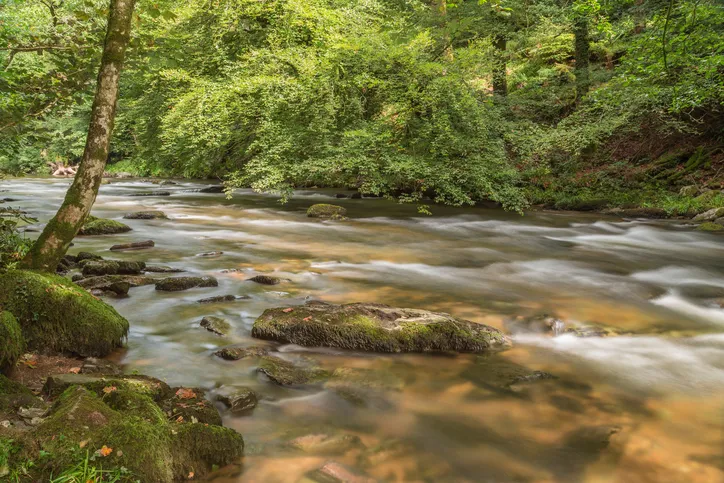 An image of the beautiful River Barle, captured in slow motion using ND filters to give the blurred effect on the water. The emphasis is on the rock in the centre of the image.