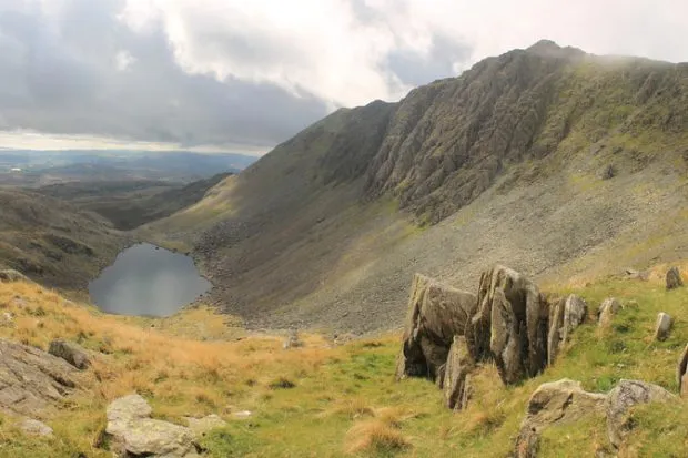View towards Dow Crag and Goats Water from Coniston in the English Lake District Cumbria.