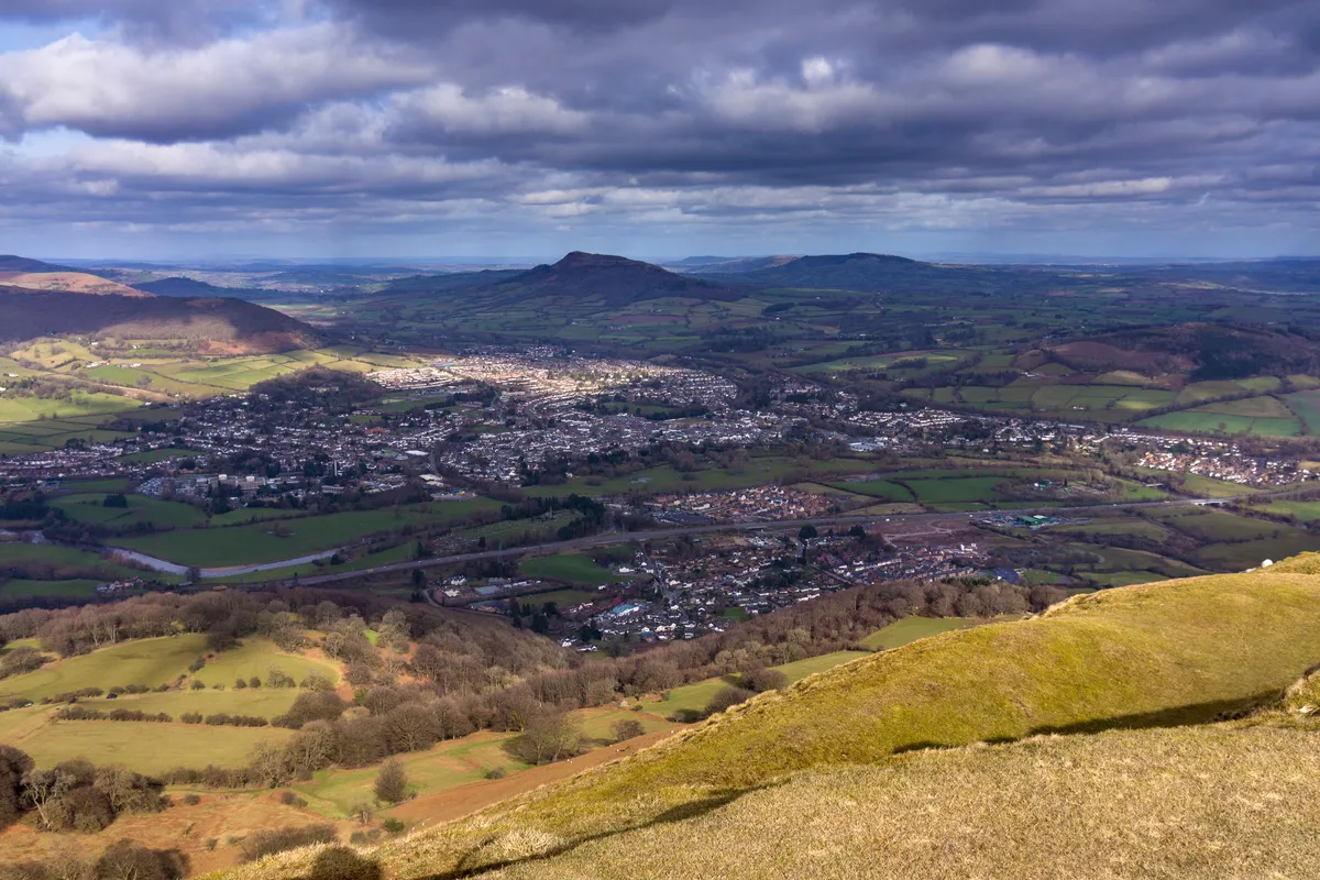 The market town of Abergavenny on the river Usk seen from Blorenge mountain in the Black Mountains, Wales