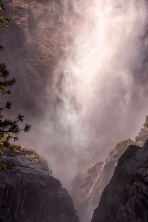 Yosemite National park closeup of Upper Yosemite Falls on a sunny day.