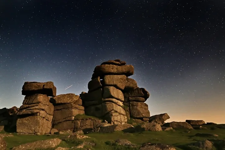 Various shots at Staple Tor on Dartmoor National Park at night with stars, in Devon UK