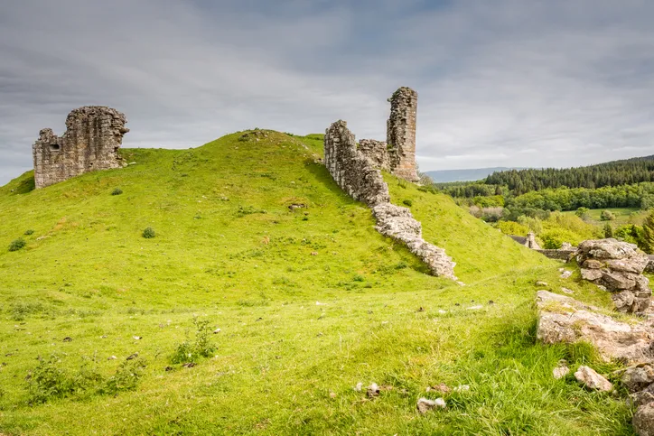 The ruined, medieval Harbottle Castle is situated on a mound in the Coquetdale Valley, Northumberland