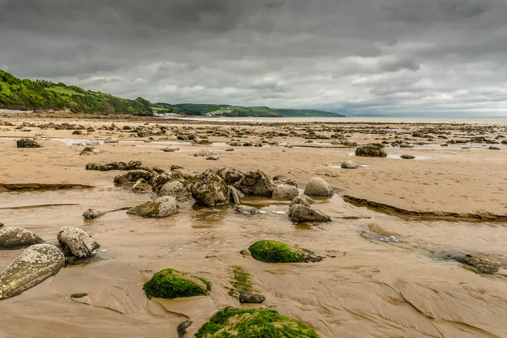 At low tide, Saundersfoot Beach lays strewn with boulders