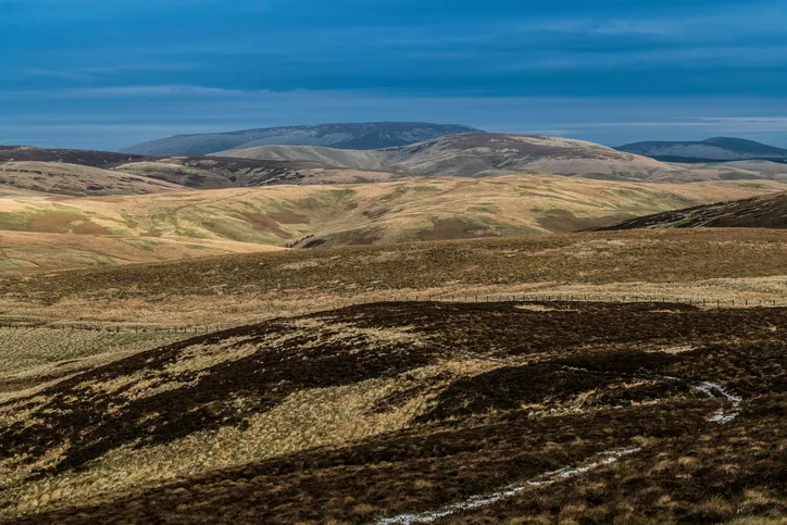 Looking south east from Brownhart Law (508m) in the Cheviot Hills across Otterburn Firing Ranges to Big Cheviot (815m) on the skyline.