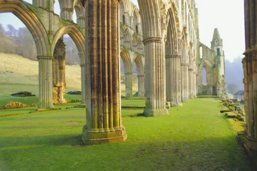 Beneath the pillars at Rievaulx Abbey