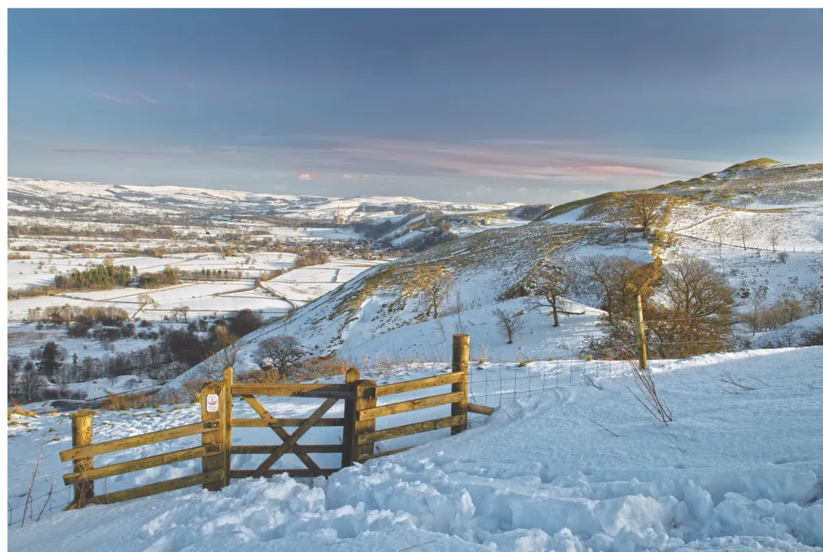 Landscape of Castleton and The Hope Valley in snow, taken at Blue John Cavern in The Peak District National Park, England. Uk