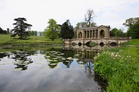 The Palladian Bridge in the landscaped garden of Stowe House. About 2000. (Photo by Imagno/Getty Images) .