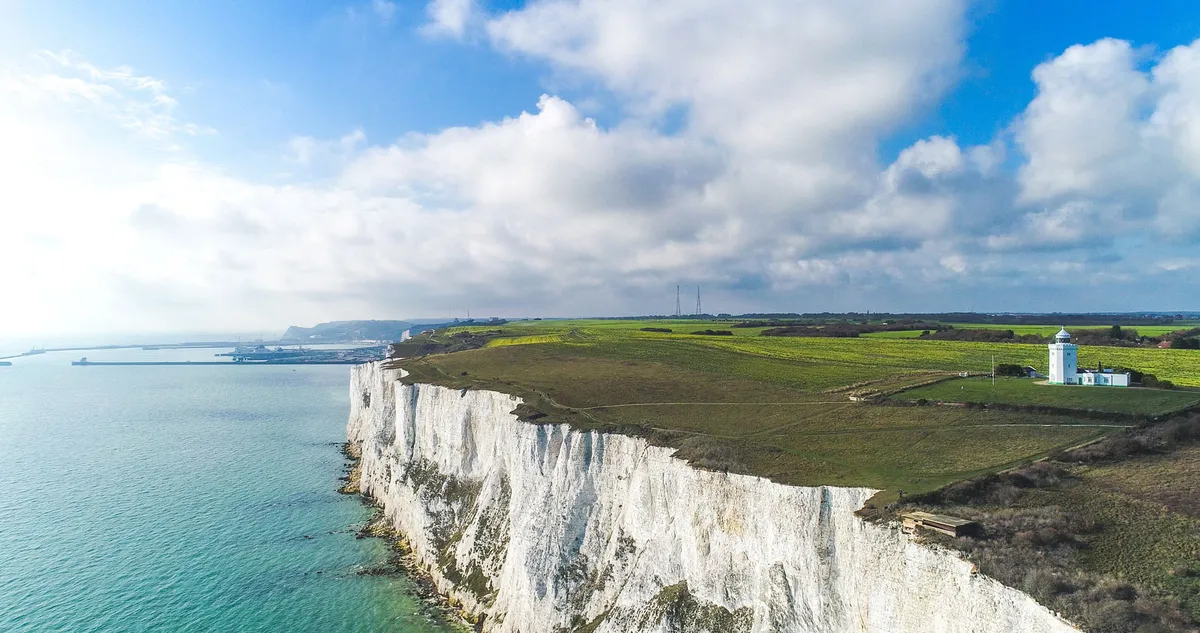 Aerial shot of the White Cliffs of Dover and the South Foreland lighthouse in Dover/Credit: Getty