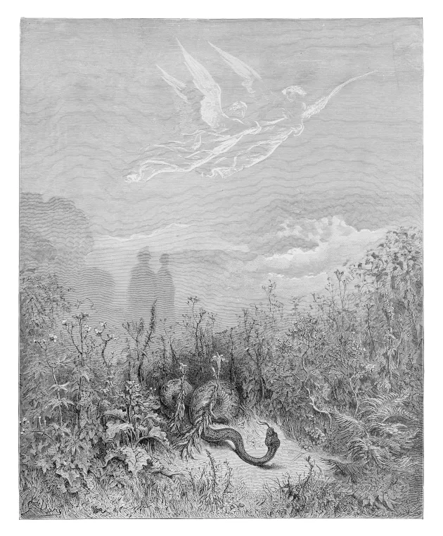 An old engraving of the devil haunting a hedgerow