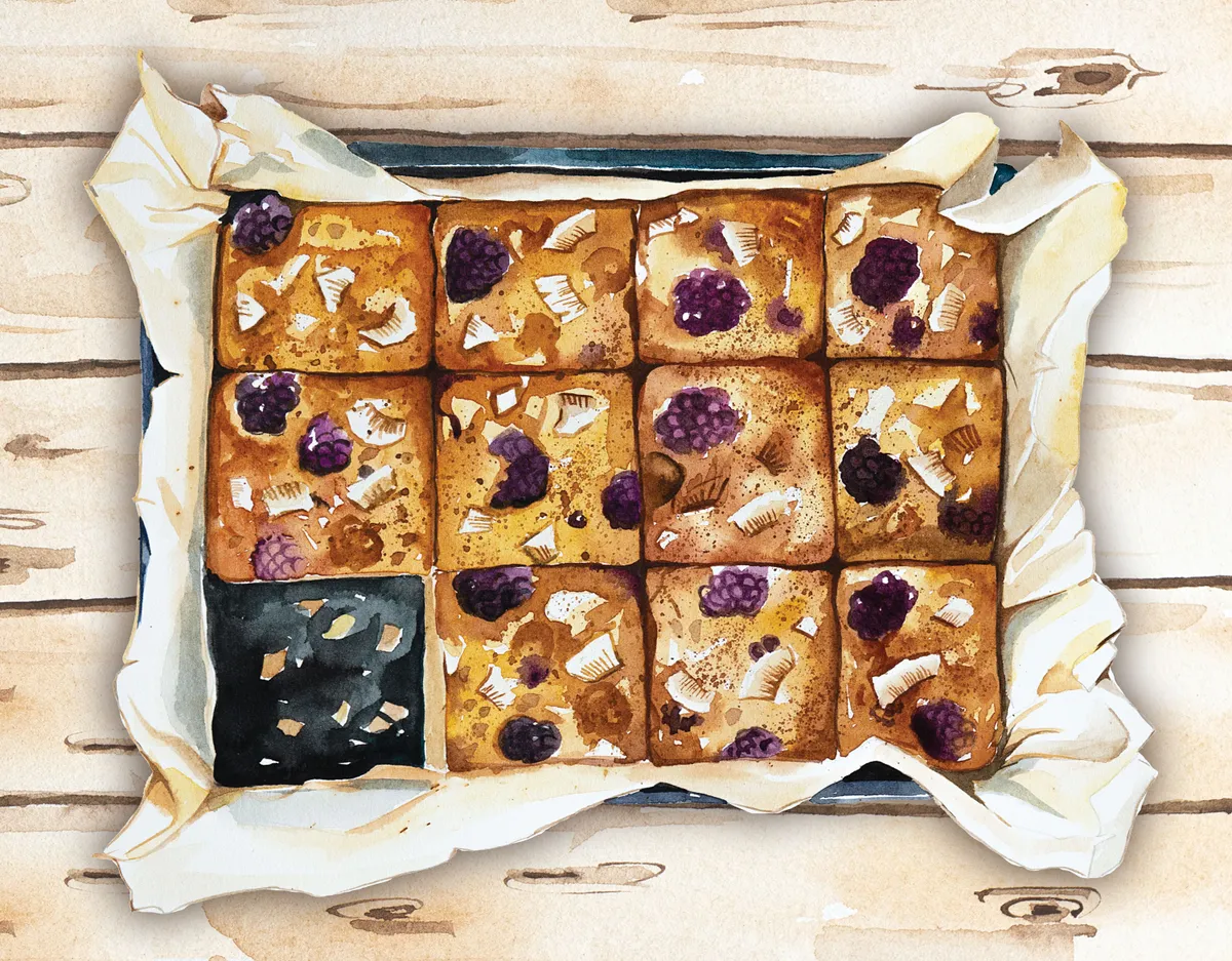 Blackberry coconut tray bake cut into 12 squares