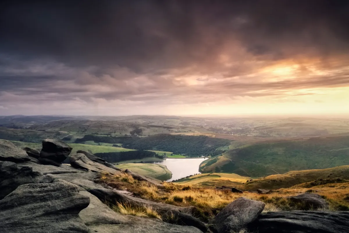 Evening view of Peak District from Kinder Scout