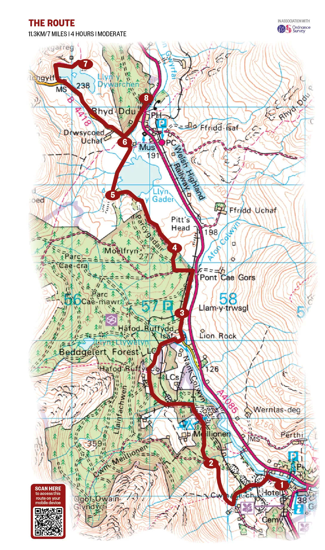 Beddgelert to Llyn y Dywarchen map