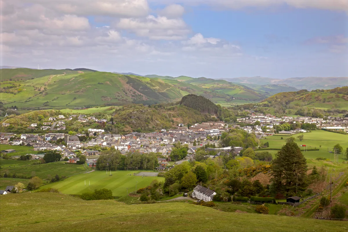 Powys, Machynlleth, wide view over town and surrounding hills