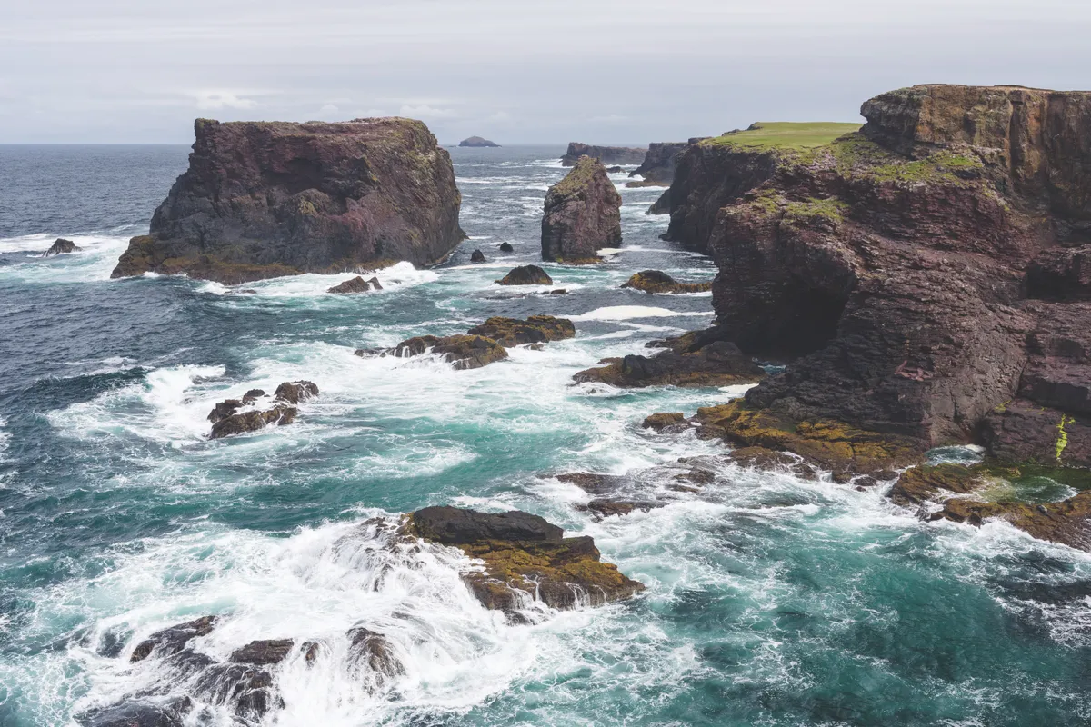 Landscape on the Eshaness peninsula in Geopark Shetland, Scotland