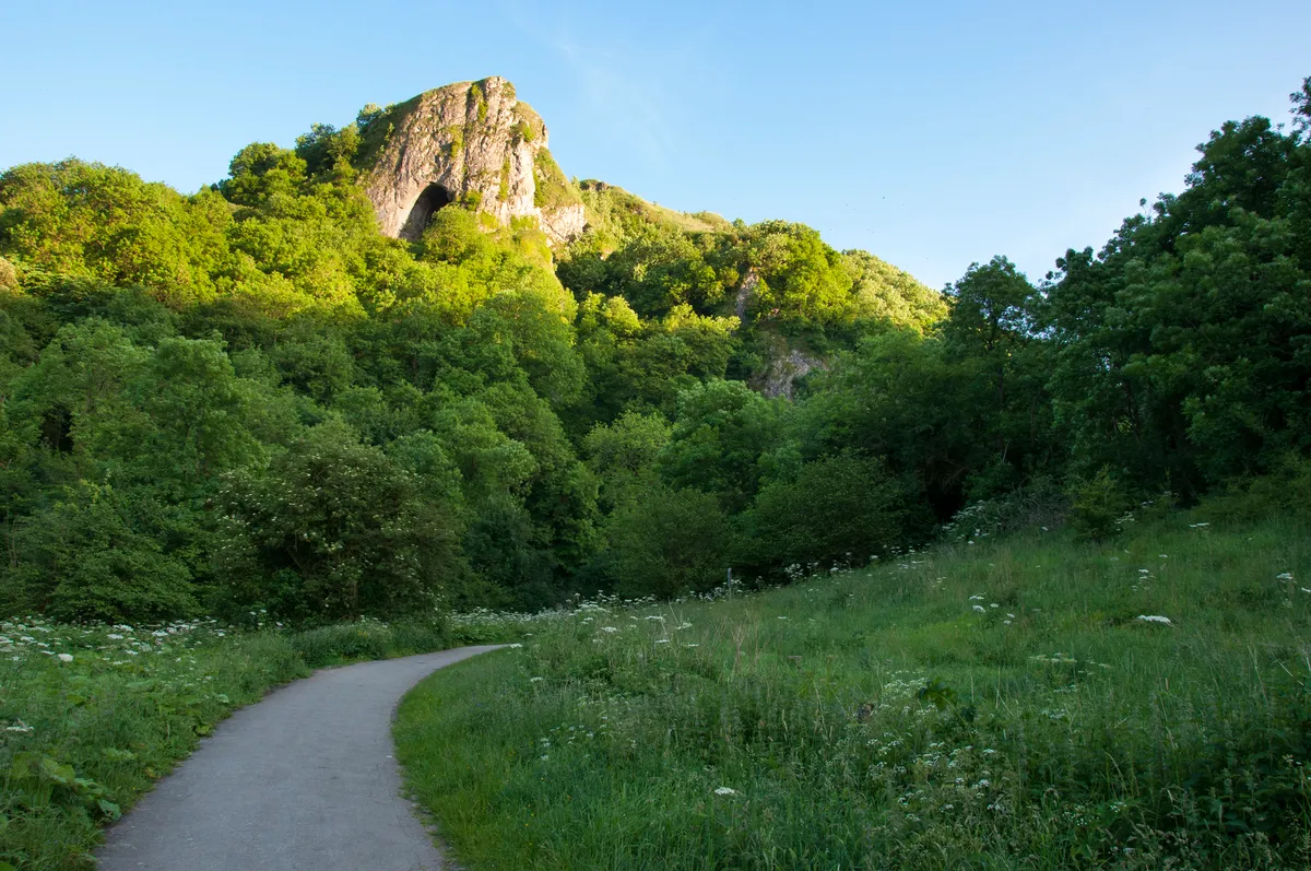 Looking up at Thors cave from the path that follows the Manifold valley in Staffordshire.Taken one evening in summer with sunlight catching the rocky summit of the hill.