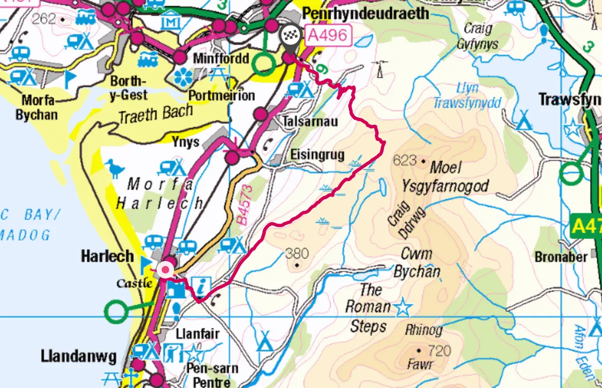 Harlech and Moel Goedog walk walking route and map