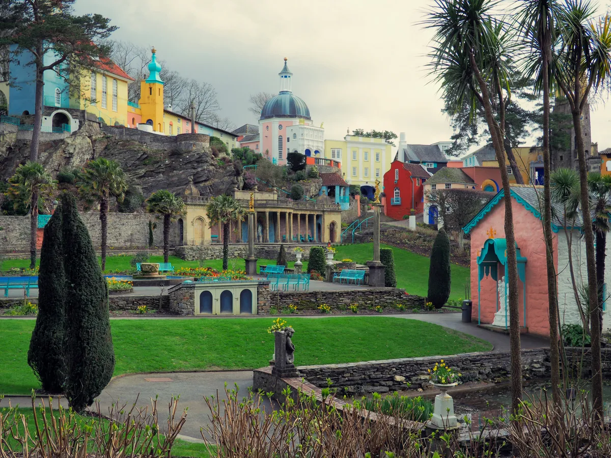 The famous colourful village of Portmeirion and its gardens in North Wales. (Getty)