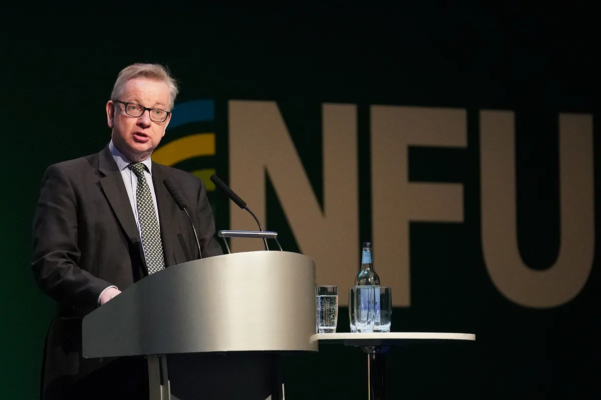 British Food and Rural Affairs Secretary Michael Gove addresses delegates at the National Farmers Union annual conference at the International Conference Centre on February 20, 2018 in Birmingham (Getty)