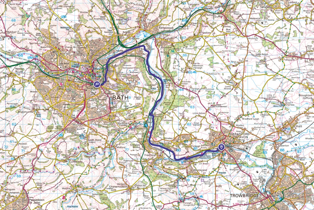 Bradford-on-Avon to Bath walking route and map
