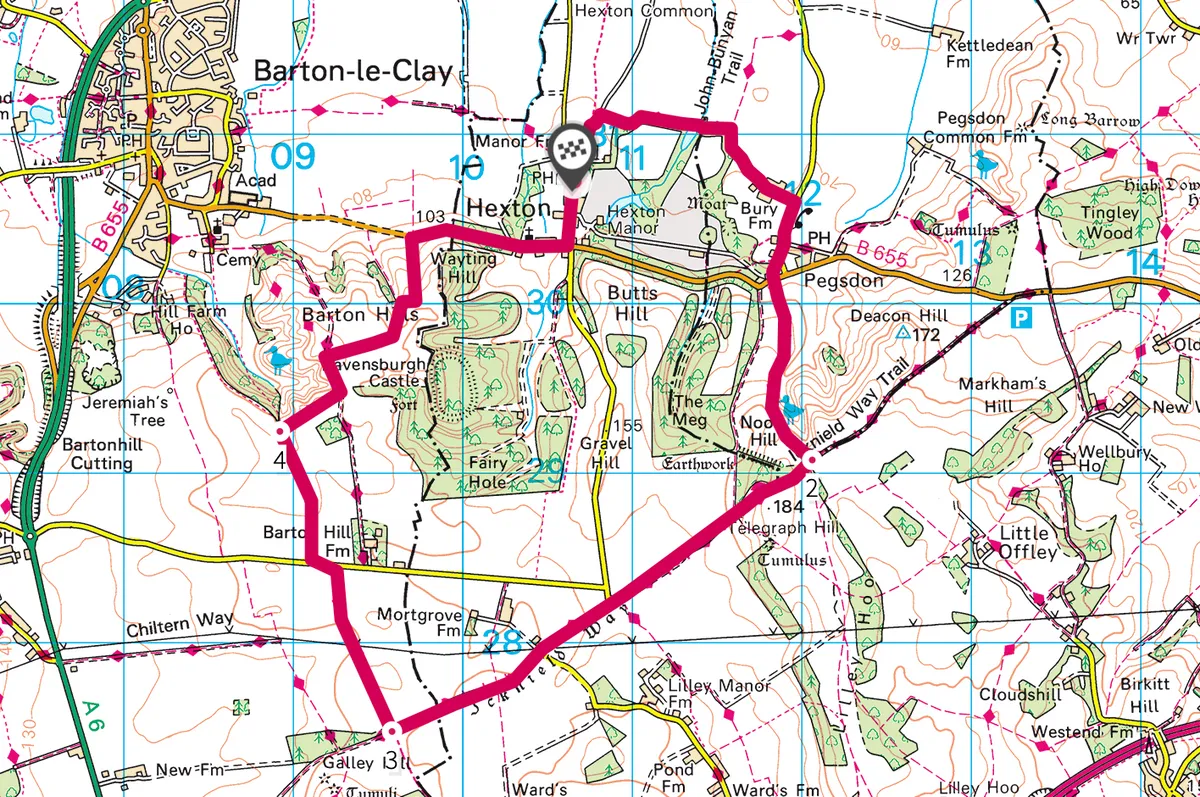 Deacon Hill, Pegsdon and Barton Hills walking route and map