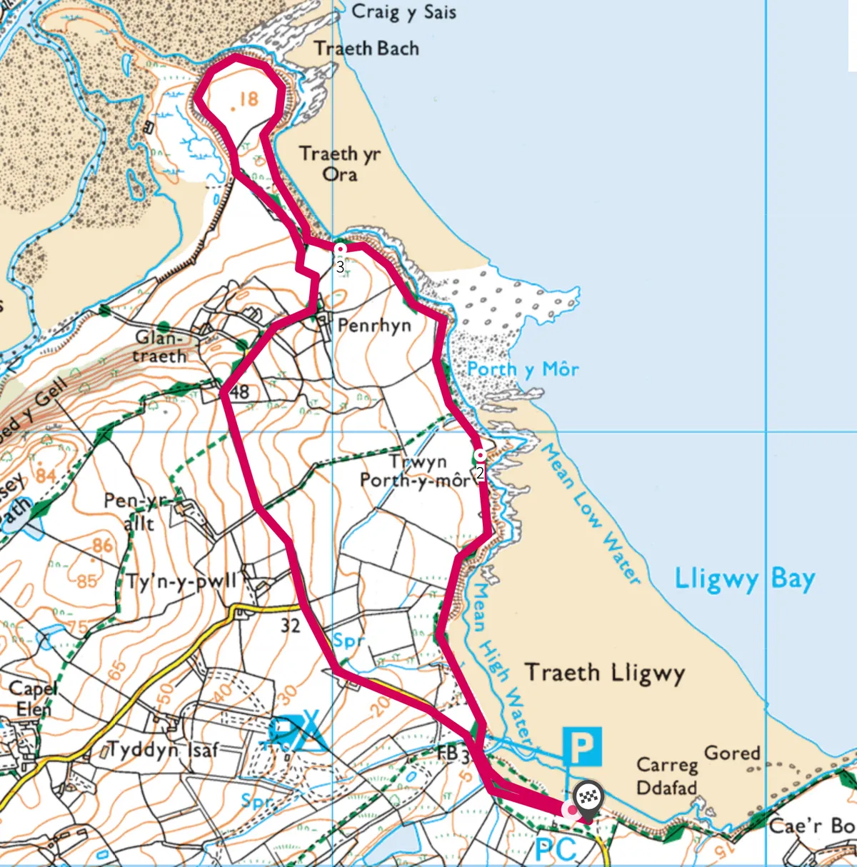 Map of the route for the walk in Traeth yr Ora, Anglesey